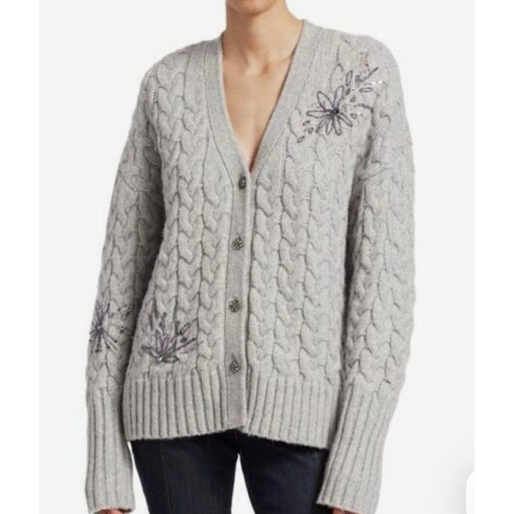 Cinq a Sept Gray Cable Knit Oversized Beaded Floral Cardigan Sweater Large